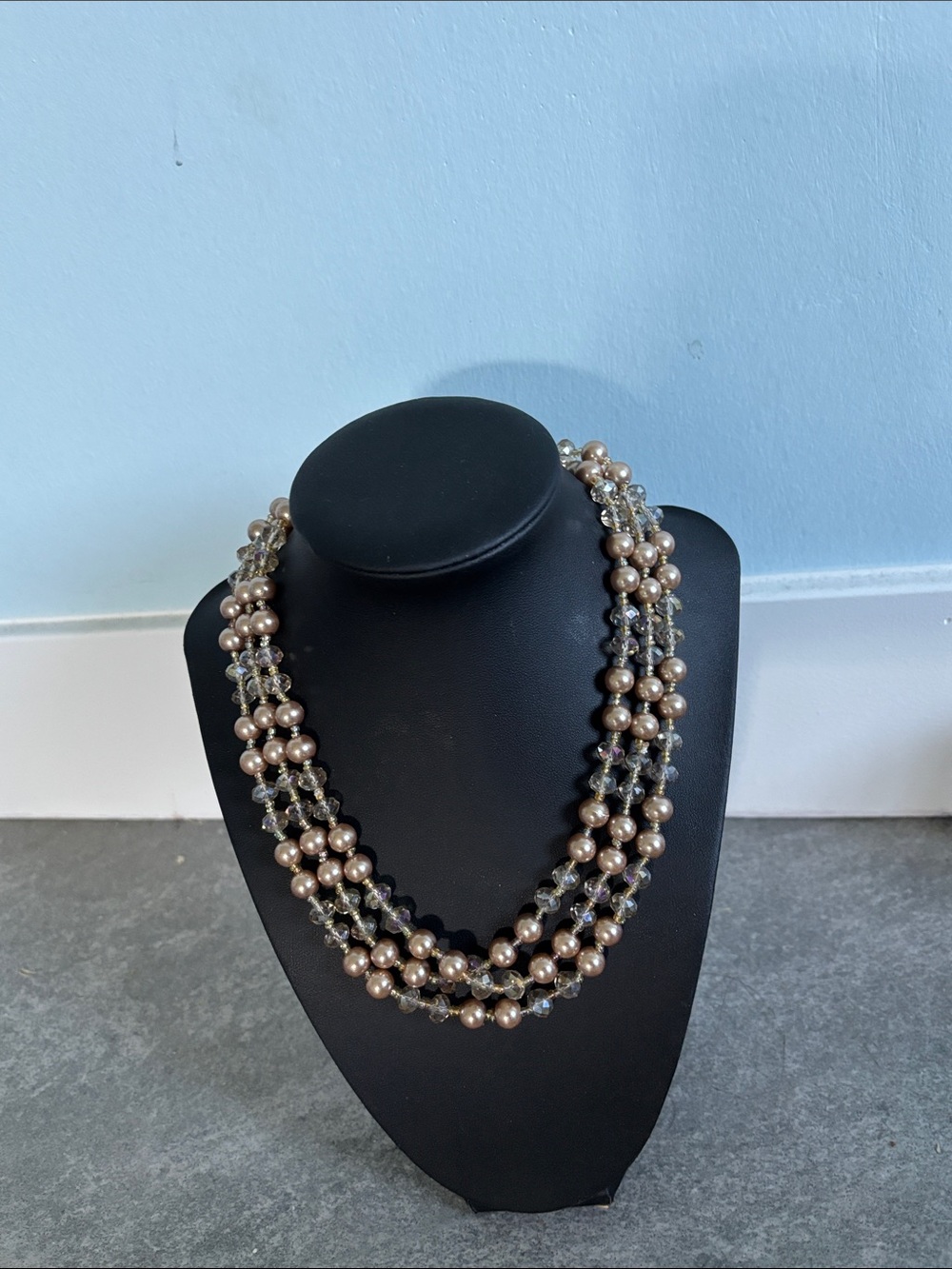 Vintage Multi-Strand Champagne Faux Pearl Crystal Necklace Women Jewelry 54”